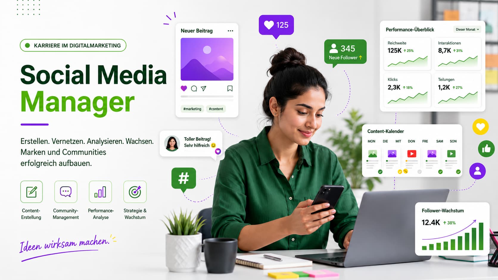 Social Media Managerin arbeitet am Laptop und Smartphone, umgeben von Social-Media-Icons, Content-Kalender und Performance-Dashboards